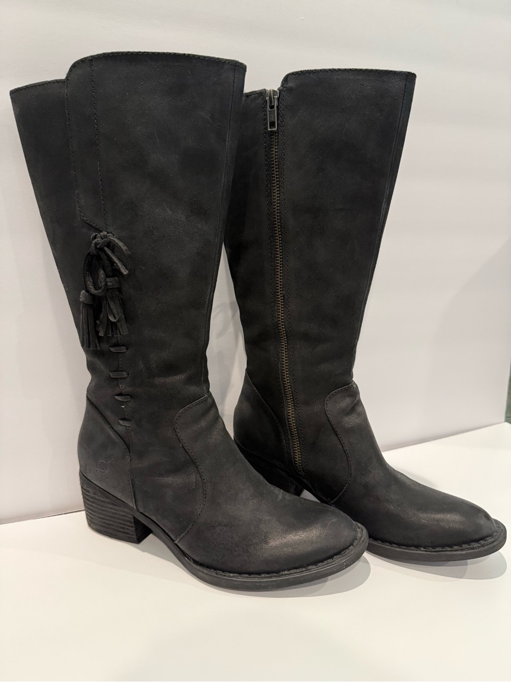 Born Black Knee-High Tassel Zip Heeled Boots, Size 7